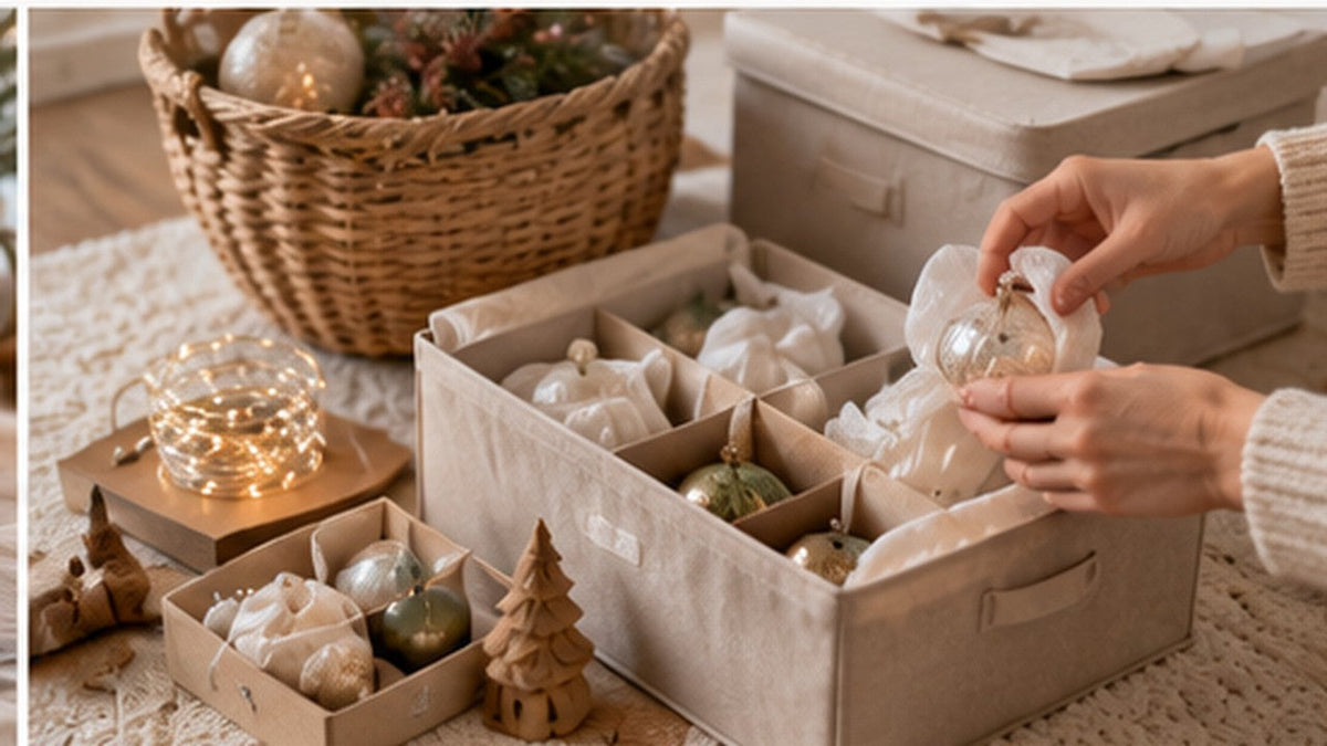 Hände legen eingewickelte Christbaumkugeln in eine Aufbewahrungsbox, KI-generiert