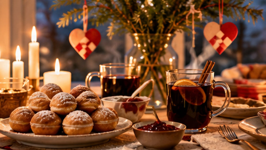 Dänischer Weihnachtstisch mit Æbleskiver, Papierherzen und Kerzen