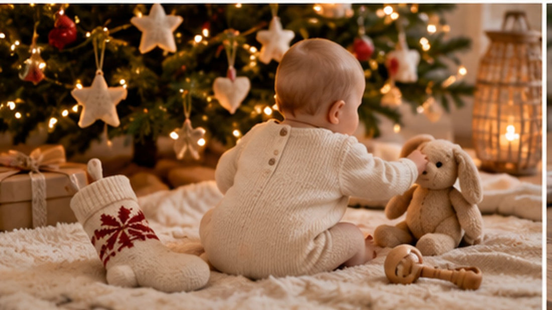 Baby sitzt auf einer Decke vor dem Weihnachtsbaum und greift nach einem Kuscheltier, KI-generiert