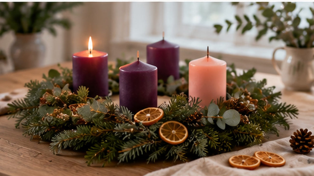  Adventskranz mit drei violetten und einer rosa Kerze, eine Kerze brennt, KI-generiert