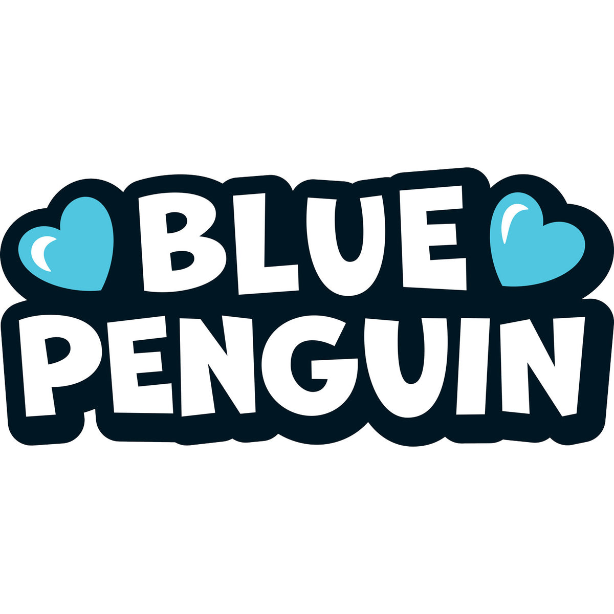 Pinguin-Logo „Blue Penguin“ mit blauen Herzen auf weißem Hintergrund