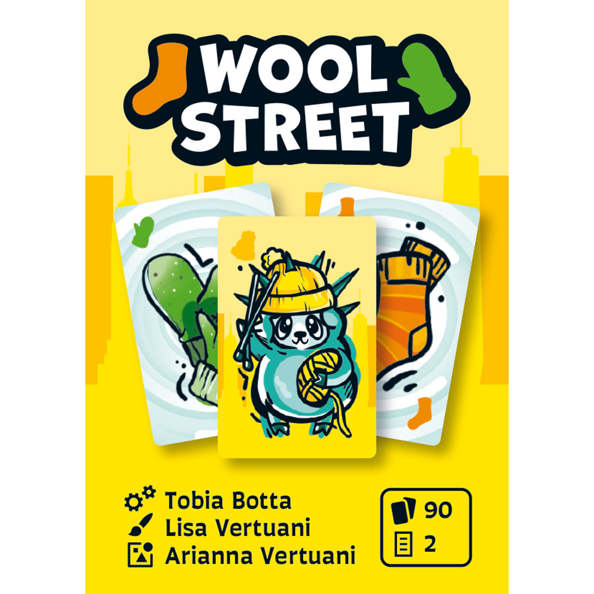 Brettspielpackung mit Monsterillustration und „Wool Street“-Schriftzug auf gelbem Hintergrund