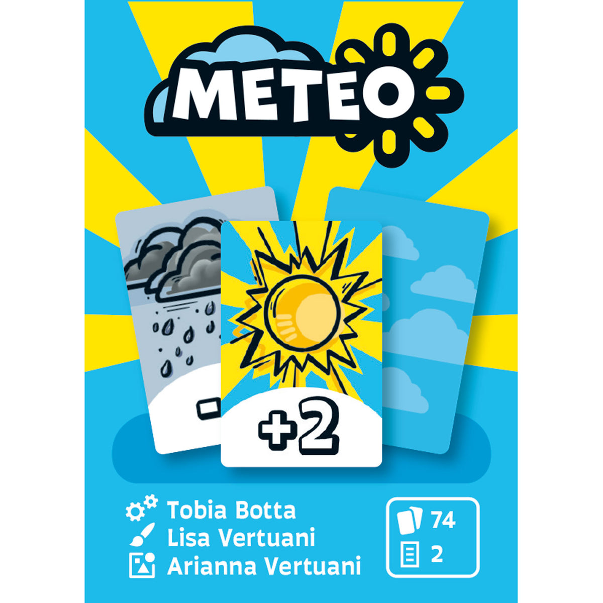 Vorderseite des Wetter-Kartenspiels mit Kartenansicht, Sonne-Icon und „+2“-Symbol