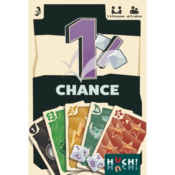 Brettspiel-Set mit farbigen Spielkarten, großen 1- und Chance-Motiven im Vordergrund