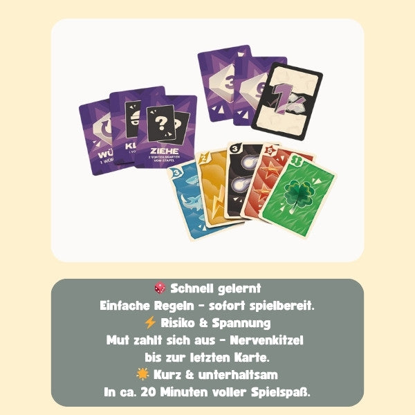 Brettspielpackung mit Spielkarten und Text-Highlights wie „Schnell gelernt“ und Risiko & Spannung