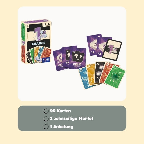 Brettspielpackung mit Spielkartenstapeln, rundem Fenster und Aufdruck mit 1-Chance-Motiv