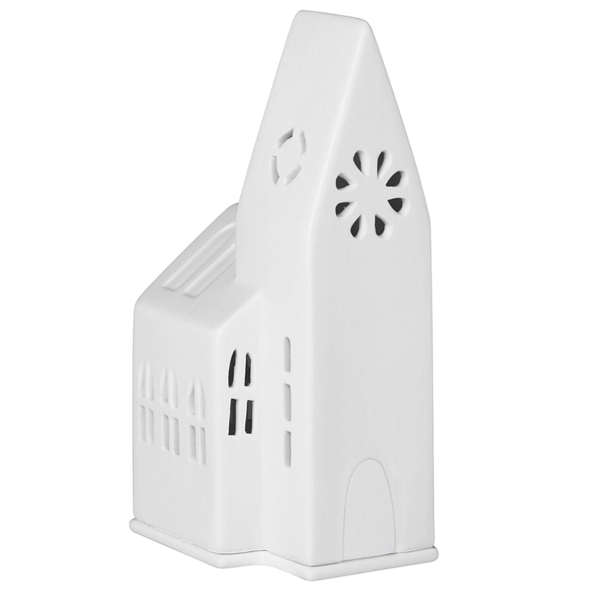 Kleines Kirchen-Lichthaus in Weiß mit ausgeschnittenem Giebel und Fensteröffnungen