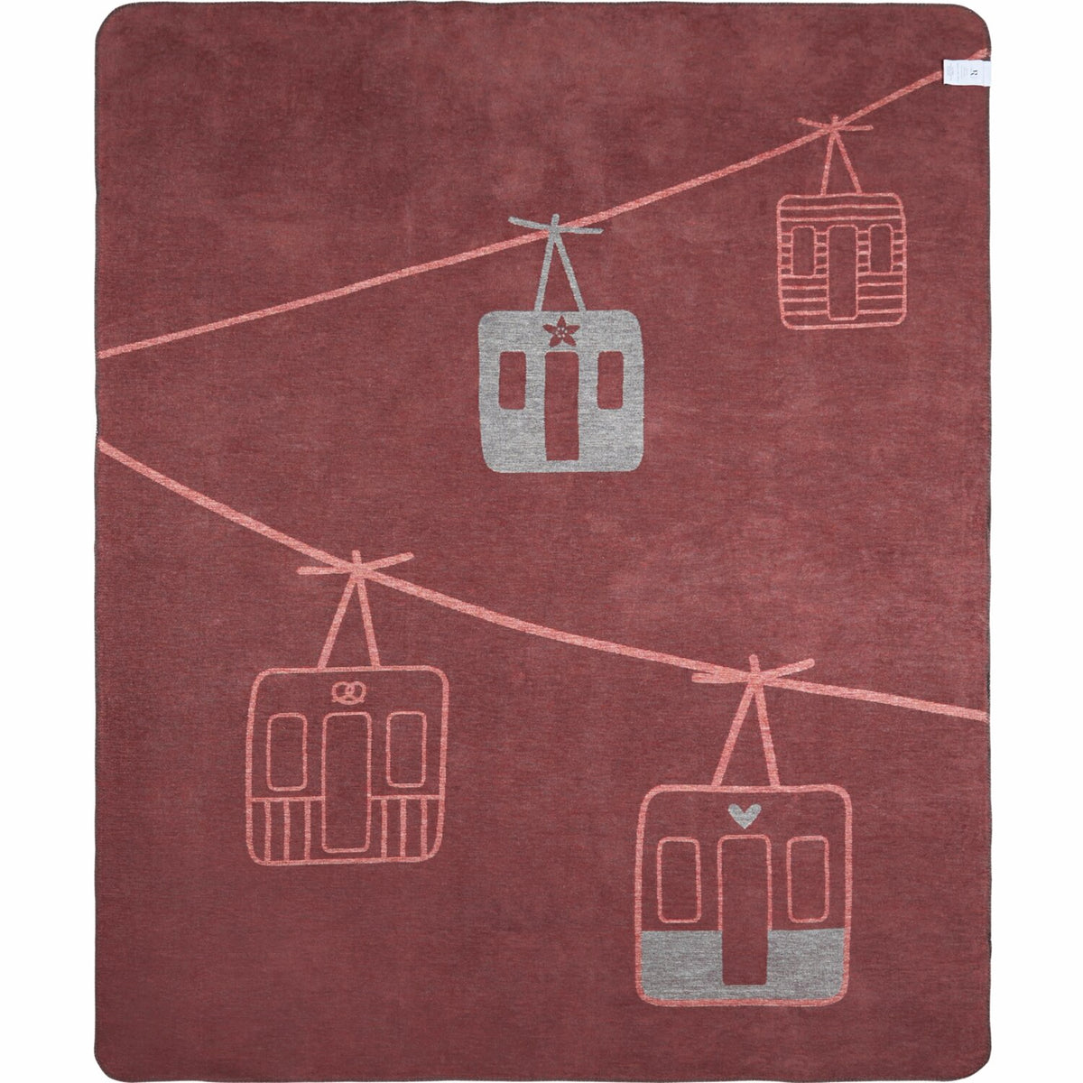Decke mit Hänger-Grafikmotiv, bordeauxrot mit beiger Zeichnung und Ziernähten am Rand
