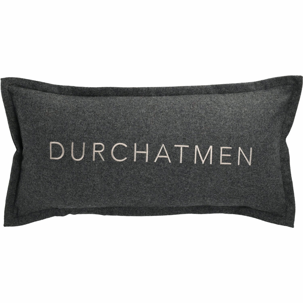 Rechteckiges graues Kissen mit Aufdruck „DURCHATMEN“