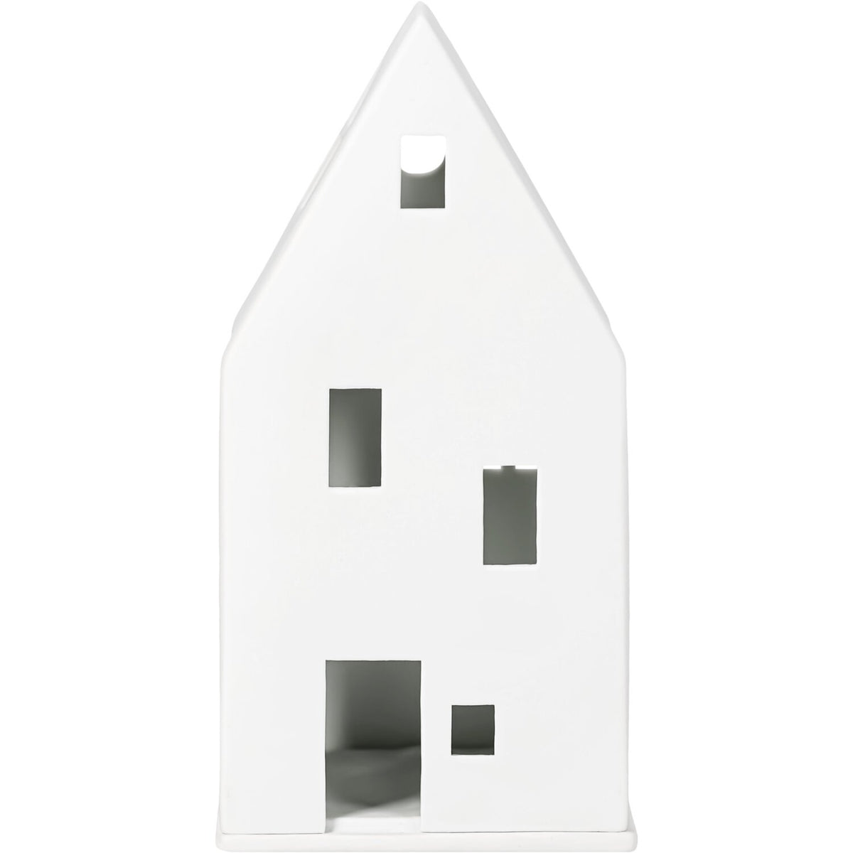 Weißes Lichthaus mit Satteldach und Fensteröffnungen, innen durch die Öffnungen sichtbar