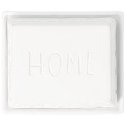 Weiße Butterdose mit Reliefschrift „HOME“ und geripptem Rand am Deckel