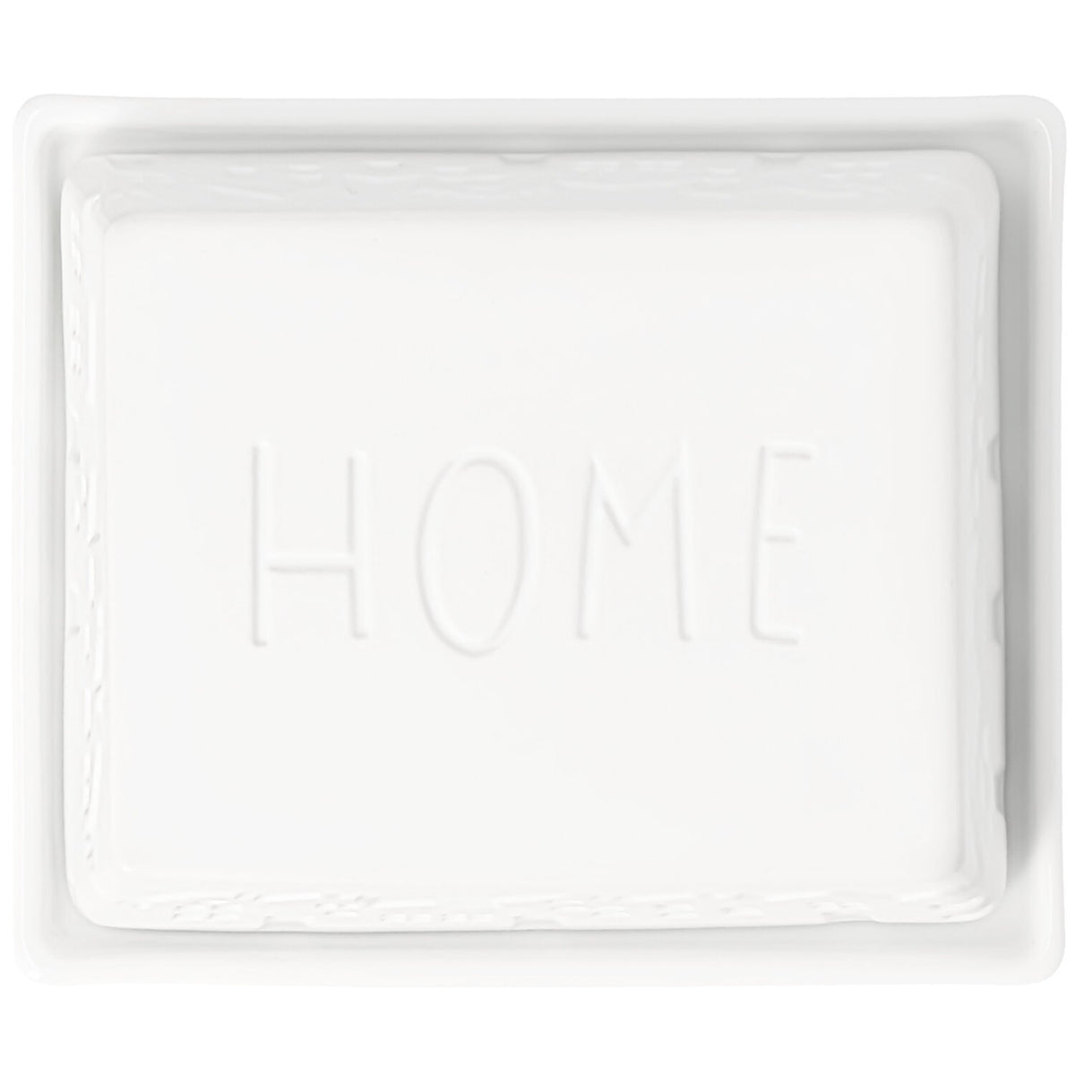 Weiße Butterdose mit Reliefschrift „HOME“ und geripptem Rand am Deckel