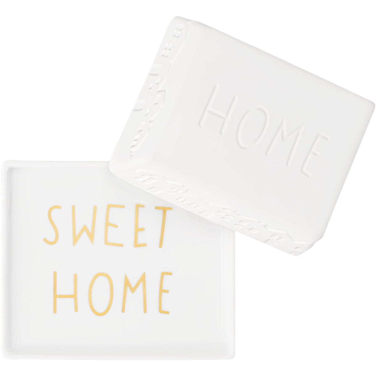 Weiße Butterdose mit Deckel, Relief „HOME“ sowie Aufdruck „SWEET HOME“