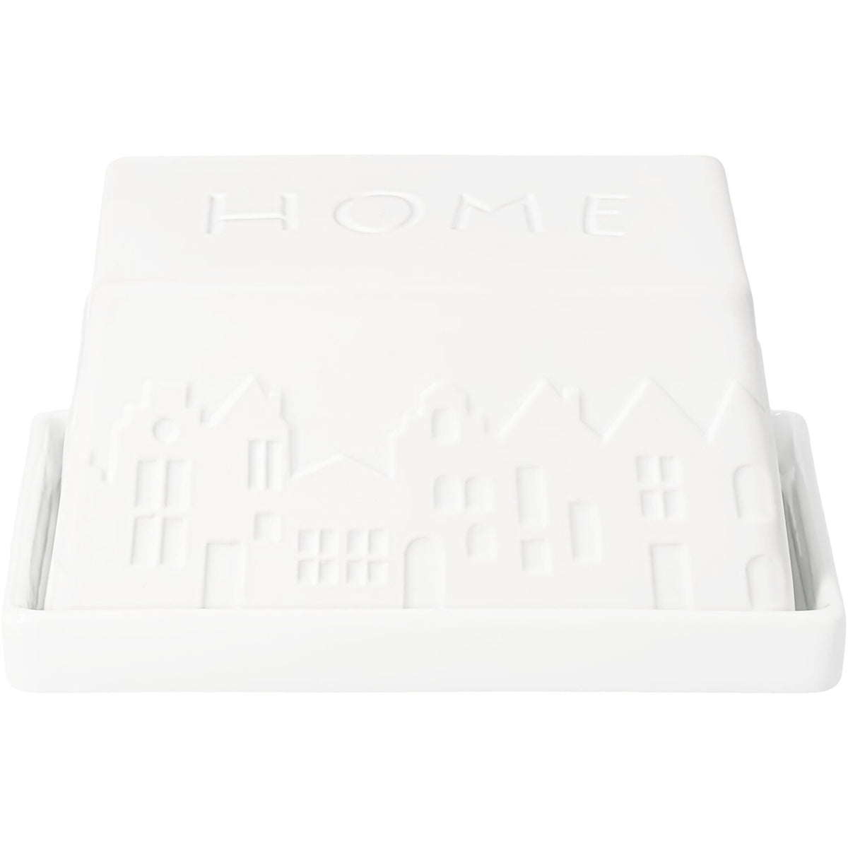 Weiße Butterdose Unterteil mit Relief „HOME“ und Hausmotiv