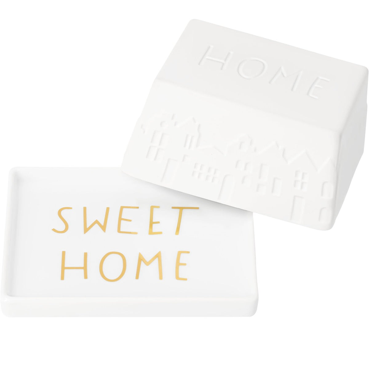 Weiße Butterdose mit Unterteil „SWEET HOME“ (goldfarben) und Relief-Deckel