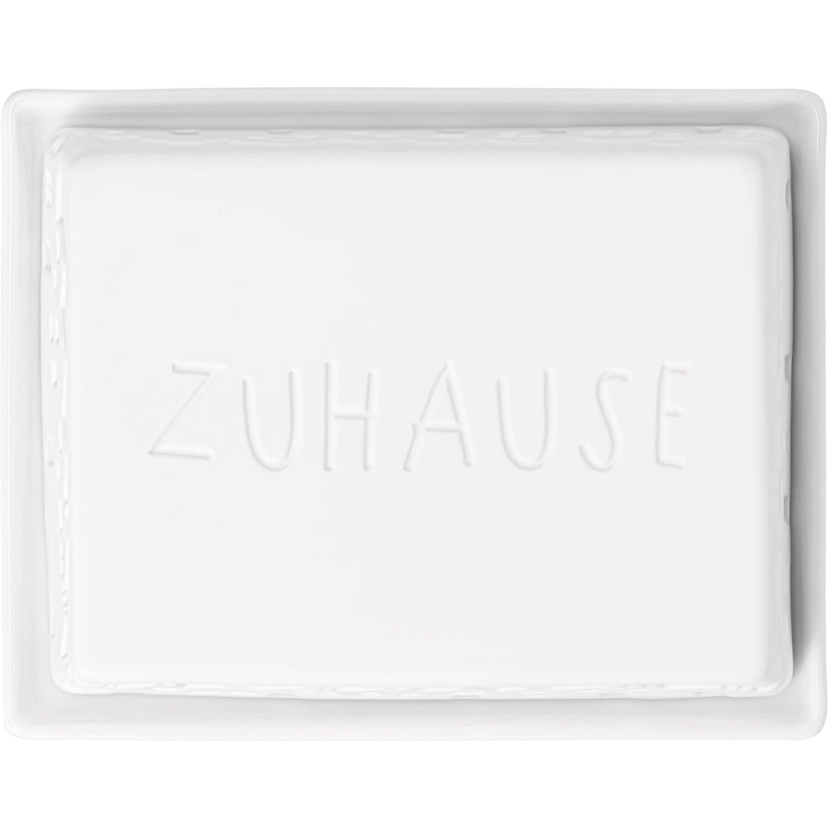 Weiße Butterdose mit erhabener Aufschrift „ZUHAUSE“ auf der Vorderseite, rechteckig