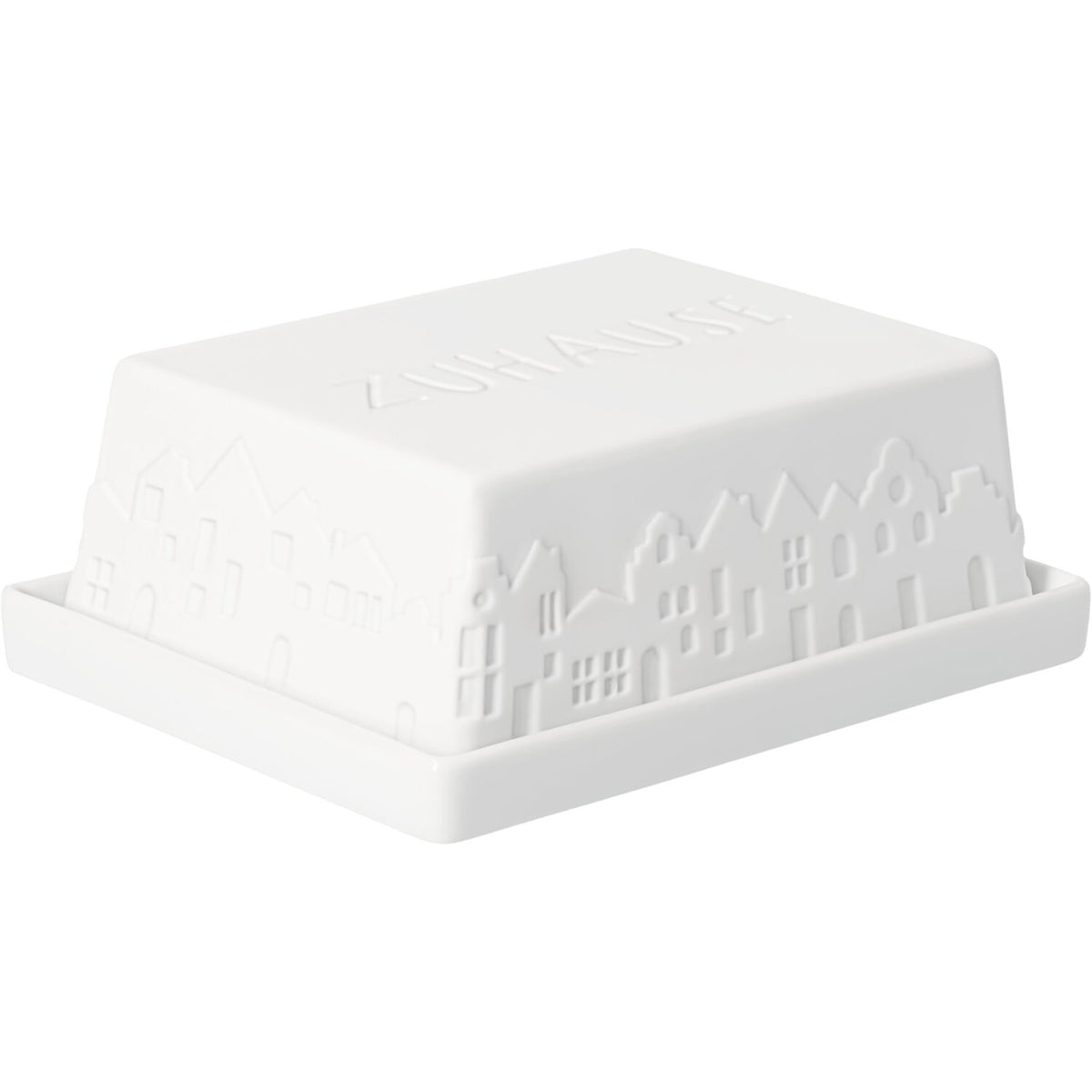Weiße Butterdose mit geprägtem Stadtmotiv und geschlossener Deckelbox, eckig