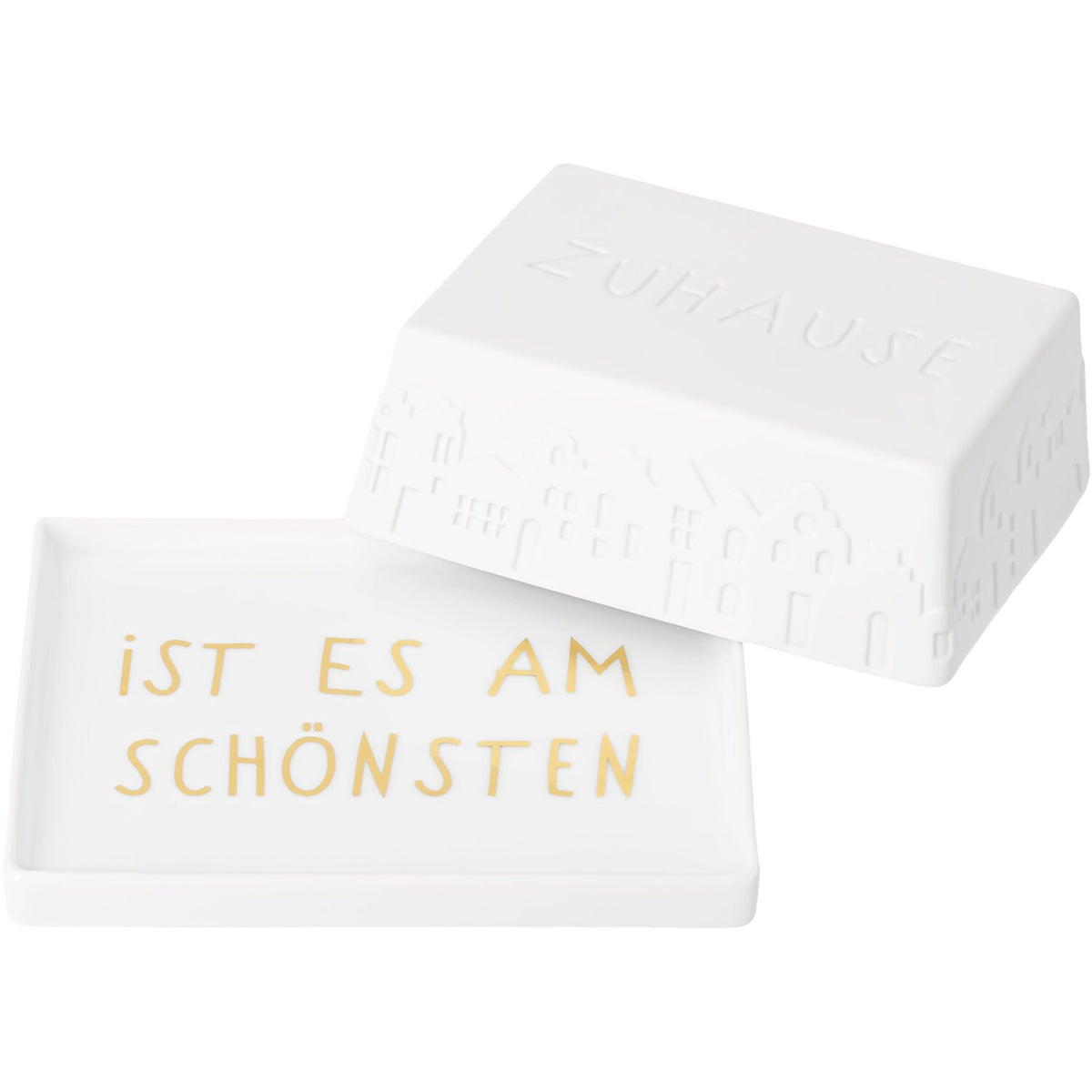 Weiße Butterdose, Deckel mit „ZUHAUSE“-Prägung und geöffnete Basis mit „IST ES AM SCHÖNSTEN“