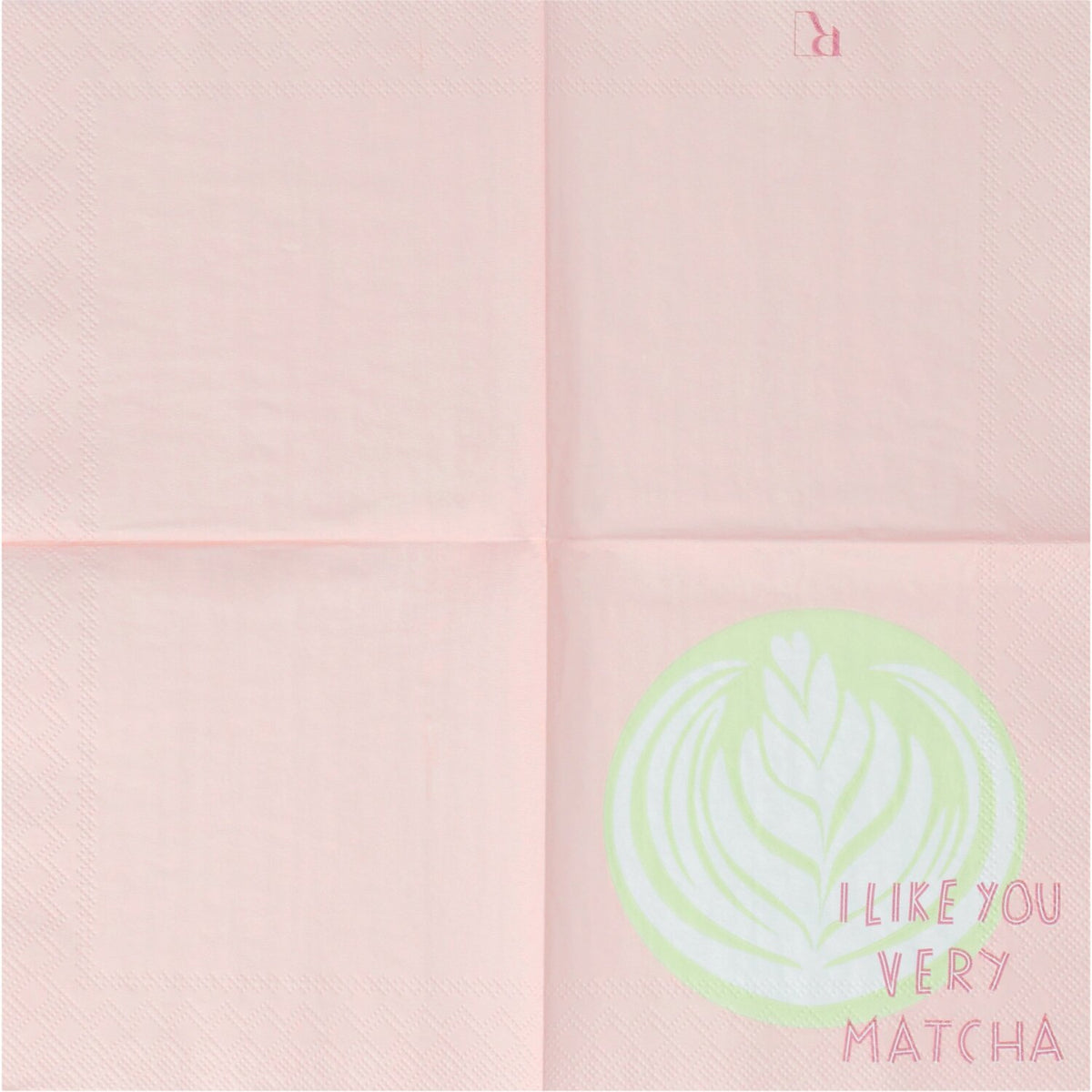 Cocktailservietten, gefaltet: grünes Kreisblattmotiv und pinker Text „I LIKE YOU VERY MATCHA“