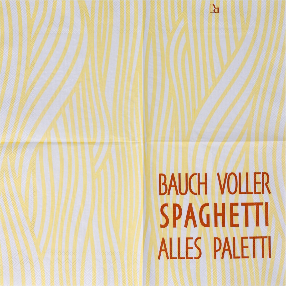 Gelbe Papierserviette mit Streifenmuster und orangefarbenem Text „BAUCH VOLLER SPAGHETTI …“