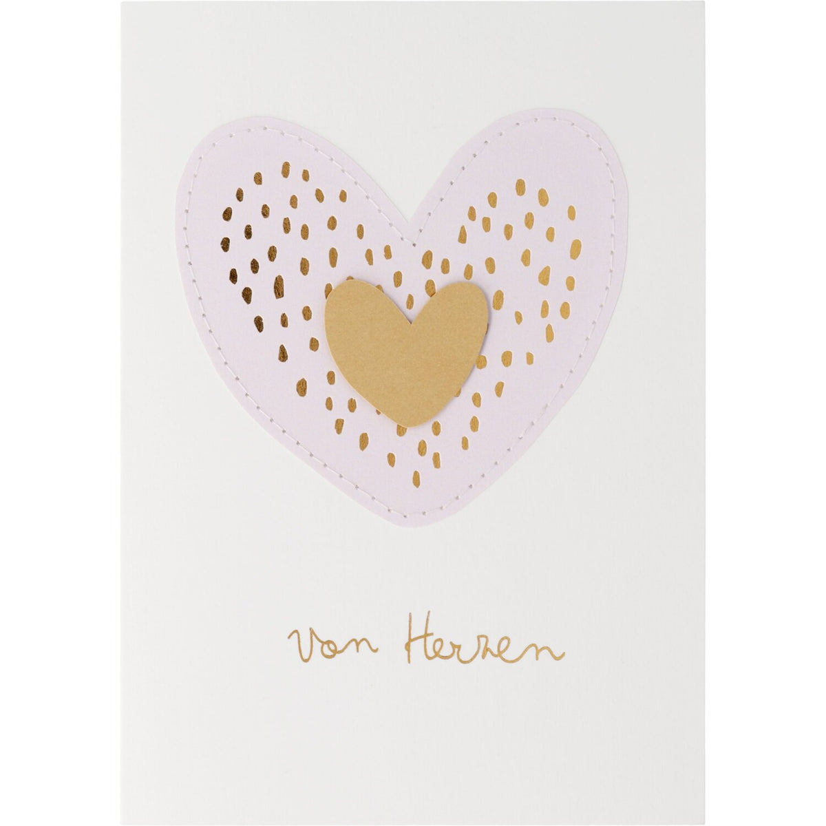 Weiße Glückwunschkarte mit Herzapplikation, goldenen Punkten und Text „Von Herzen“