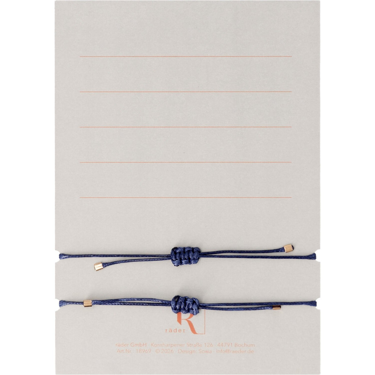 2er-Armband-Set: zwei blaue Kordelarmbänder mit goldenen Herzdetails, auf Karte