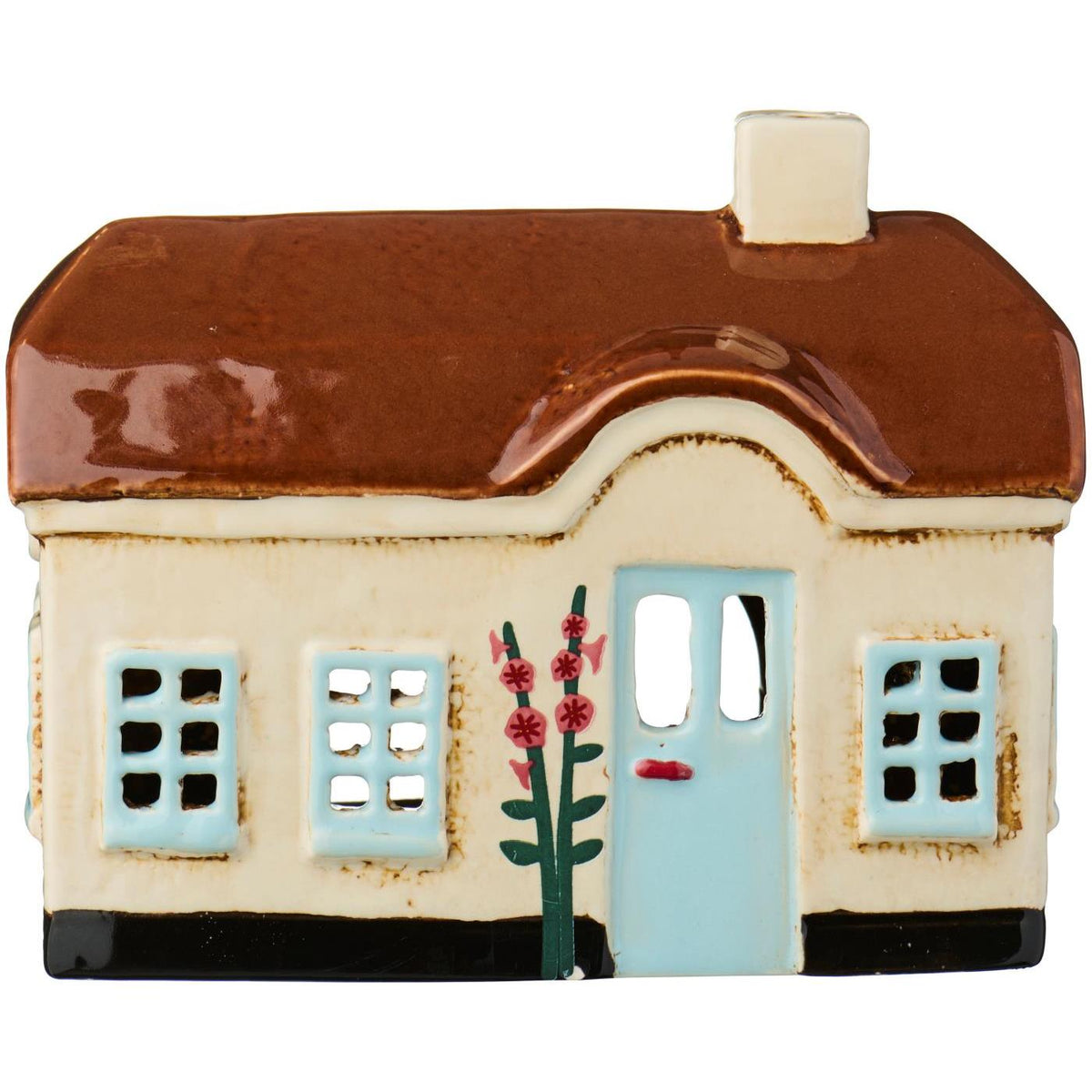 Haus für Teelicht "Ebeltoft - Stockrosen" - 14,7x8x12,5 cm (Hellblau)