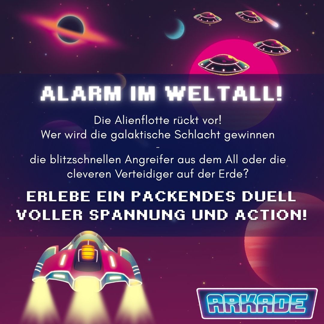 Spielkartenmotiv mit Überschrift „ALARM IM WELTALL!“ und Raumschiff