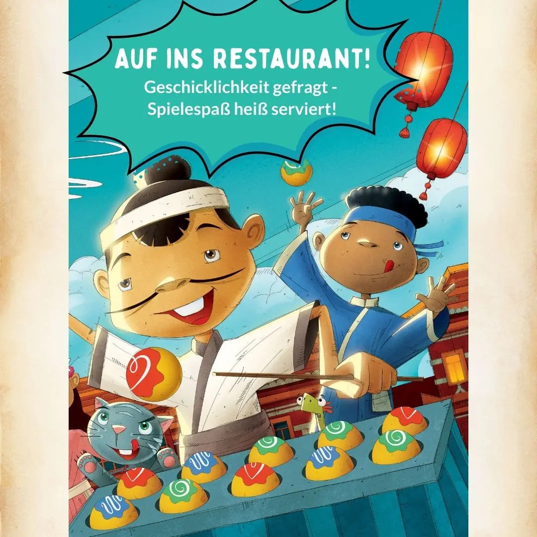 Spielkarte mit Köchen im Restaurant, Takoyaki-Grill und Text „Auf ins Restaurant!“