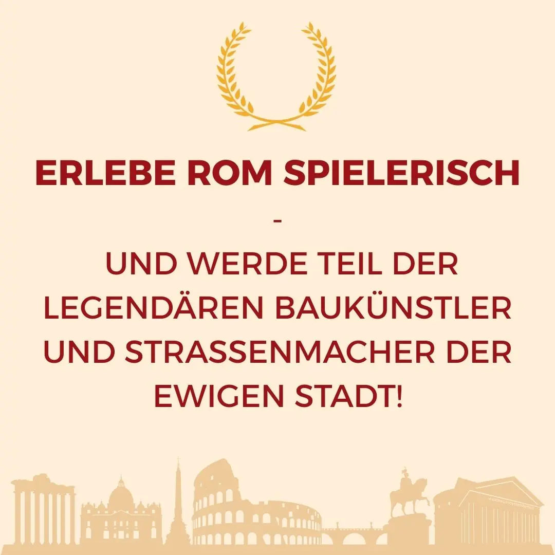 Brettspiel „City Flip: Roma“: Motiv „Erlebe Rom spielerisch…“ mit Stadt-Silhouetten