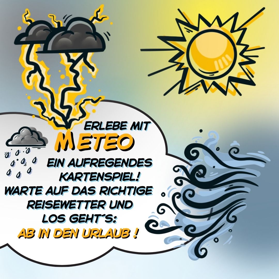 Mini-Card-Game Spielgrafik mit Sonne, Wolken und Wellen, Text „Erlebe mit Meteo“.