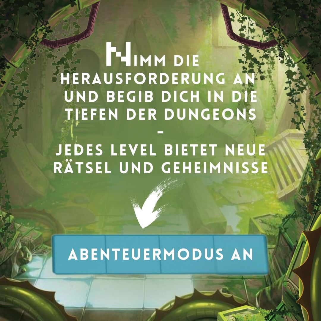 Grafik-Karte mit Text, Pfeil und Schaltfläche „ABENTEUERMODUS AN“