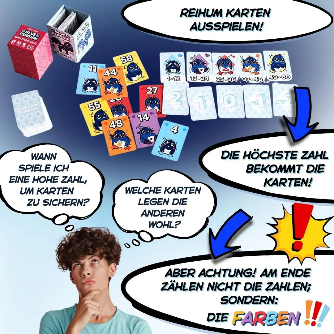 Mini-Kartenspiel mit Karten-Set und Regelgrafiken, Pinguin-Illustrationen
