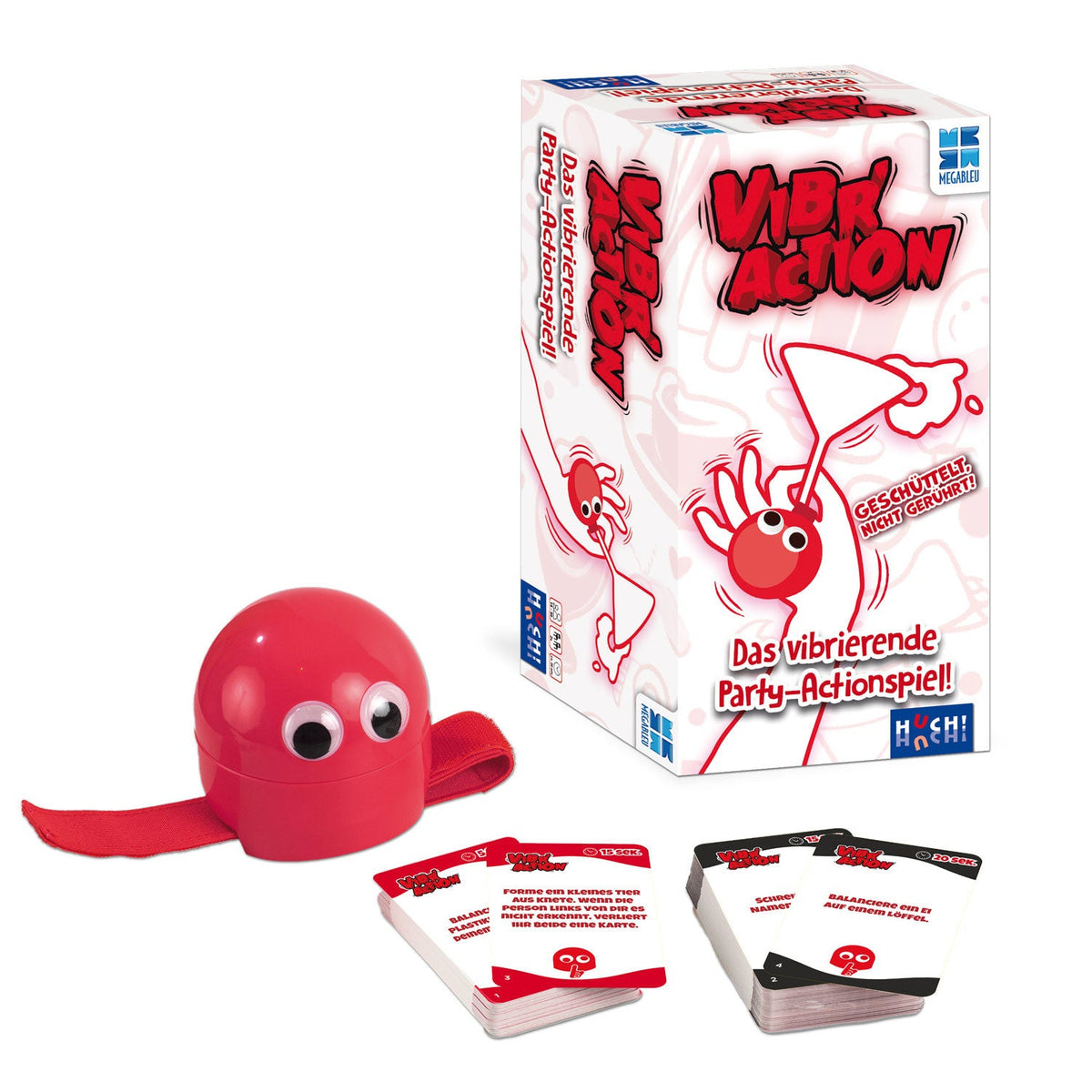 Spiel „Vibr’Action“ mit rotem Vibrations-Armband, Wackelaugen und Aufgaben-Karten