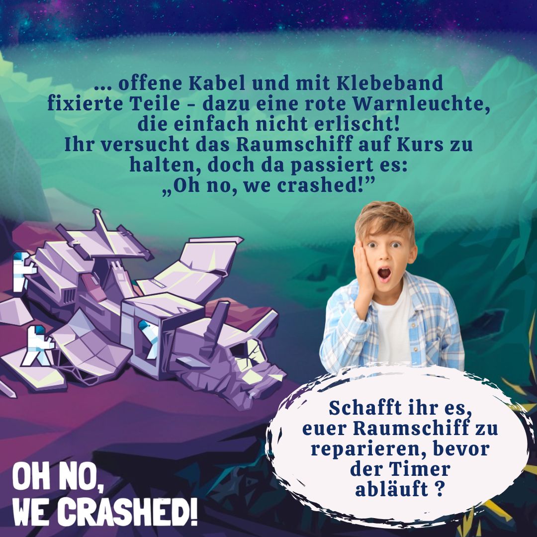 Brettspiel-Werbeszene mit Kind vor Weltraum-Crash und Textballon