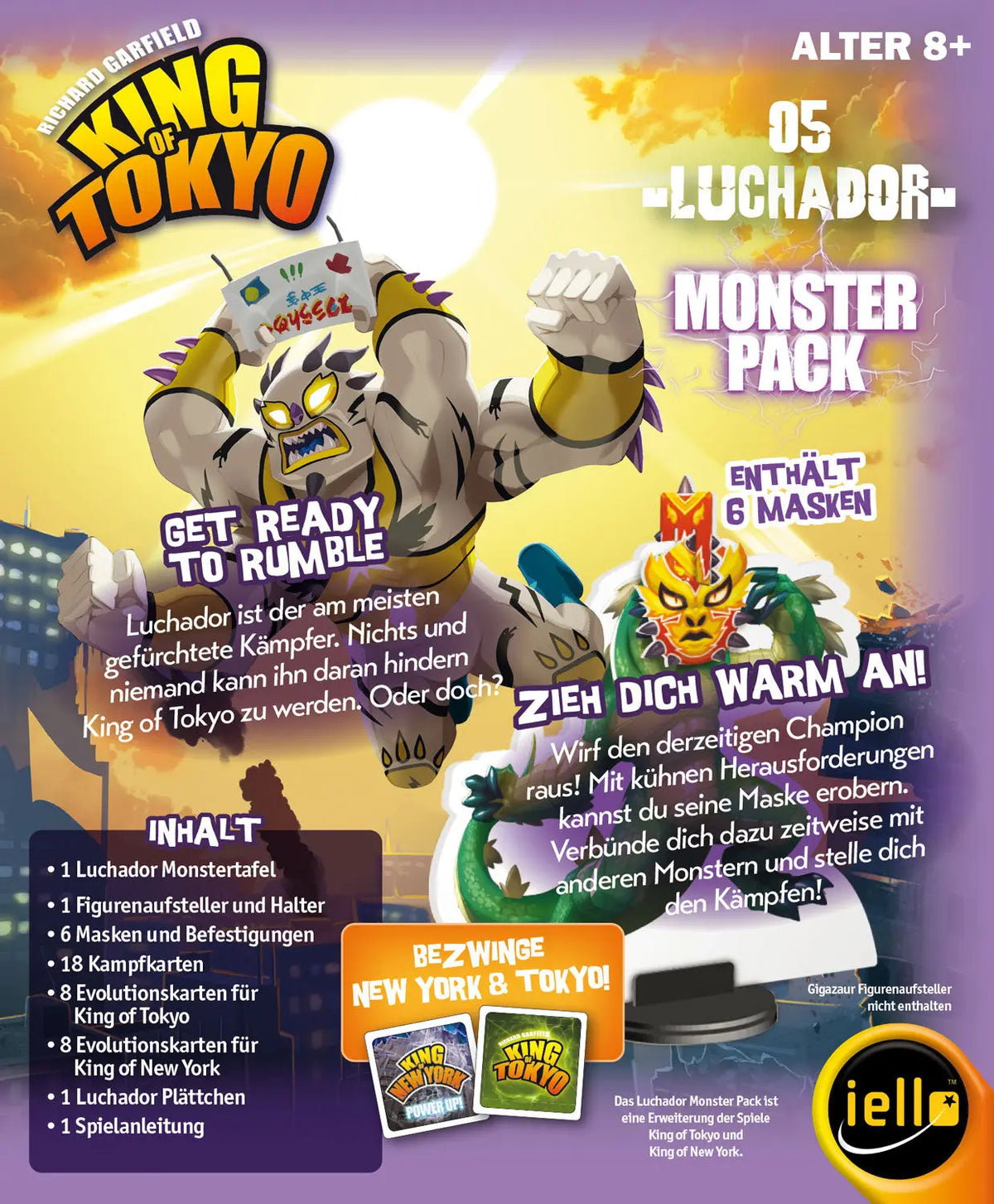 Monster-Pack-Kartonrückseite mit Luchador-Tiergrafik und Textabschnitten zur Anleitung