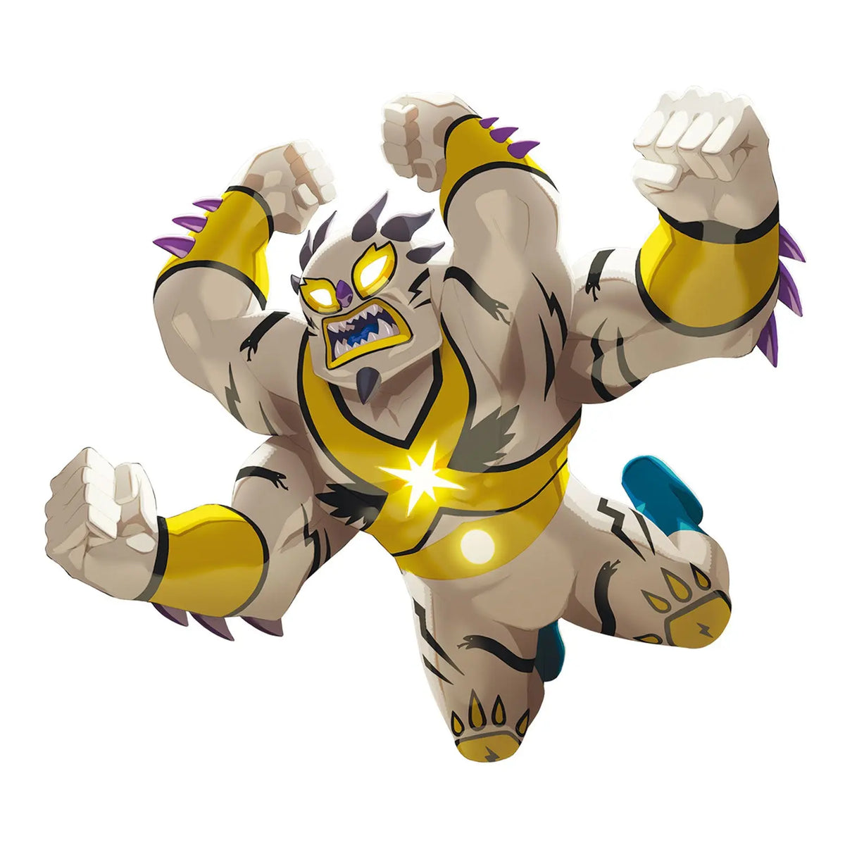 Luchador-Monstrumfigur mit weiß-grauem Körper, gelben Augen und goldenem Glanz im Brustbereich