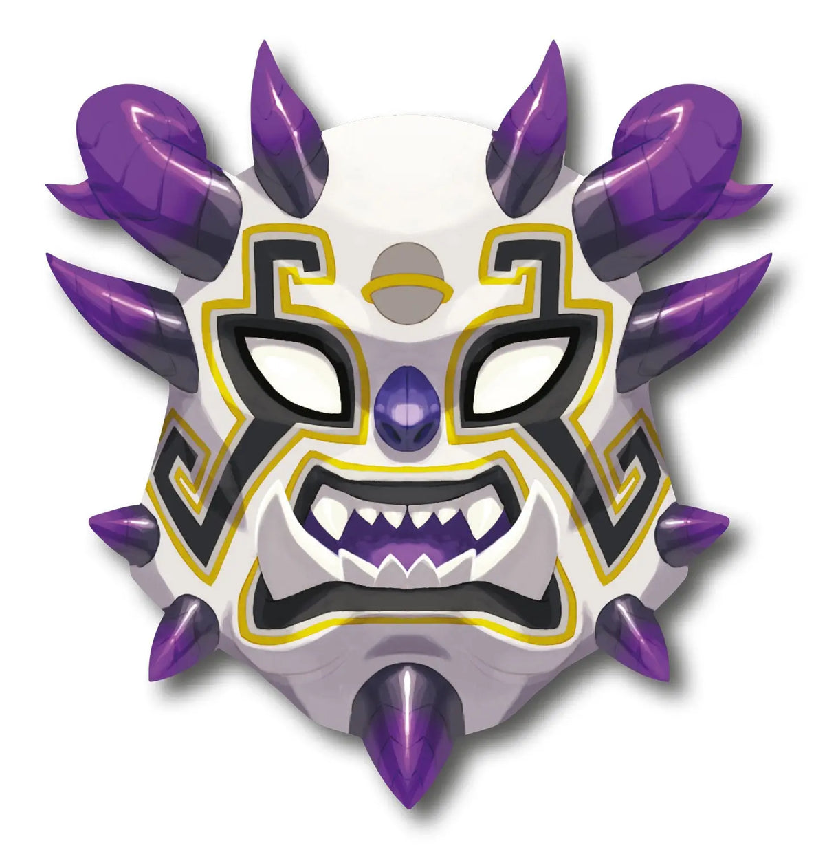 Luchador-Monstrumskopf mit weiß-grauer Maske, violetten Stacheln, schwarzen Augen und Lächeln