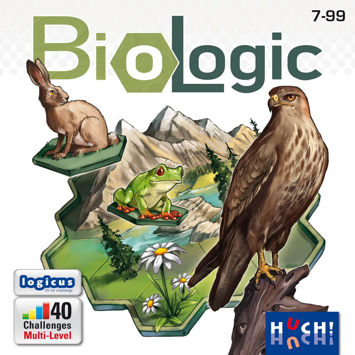 Brettspiel-Box mit BioLogic-Titel, Frosch- und Eulenmotiv, 40 Multi-Level