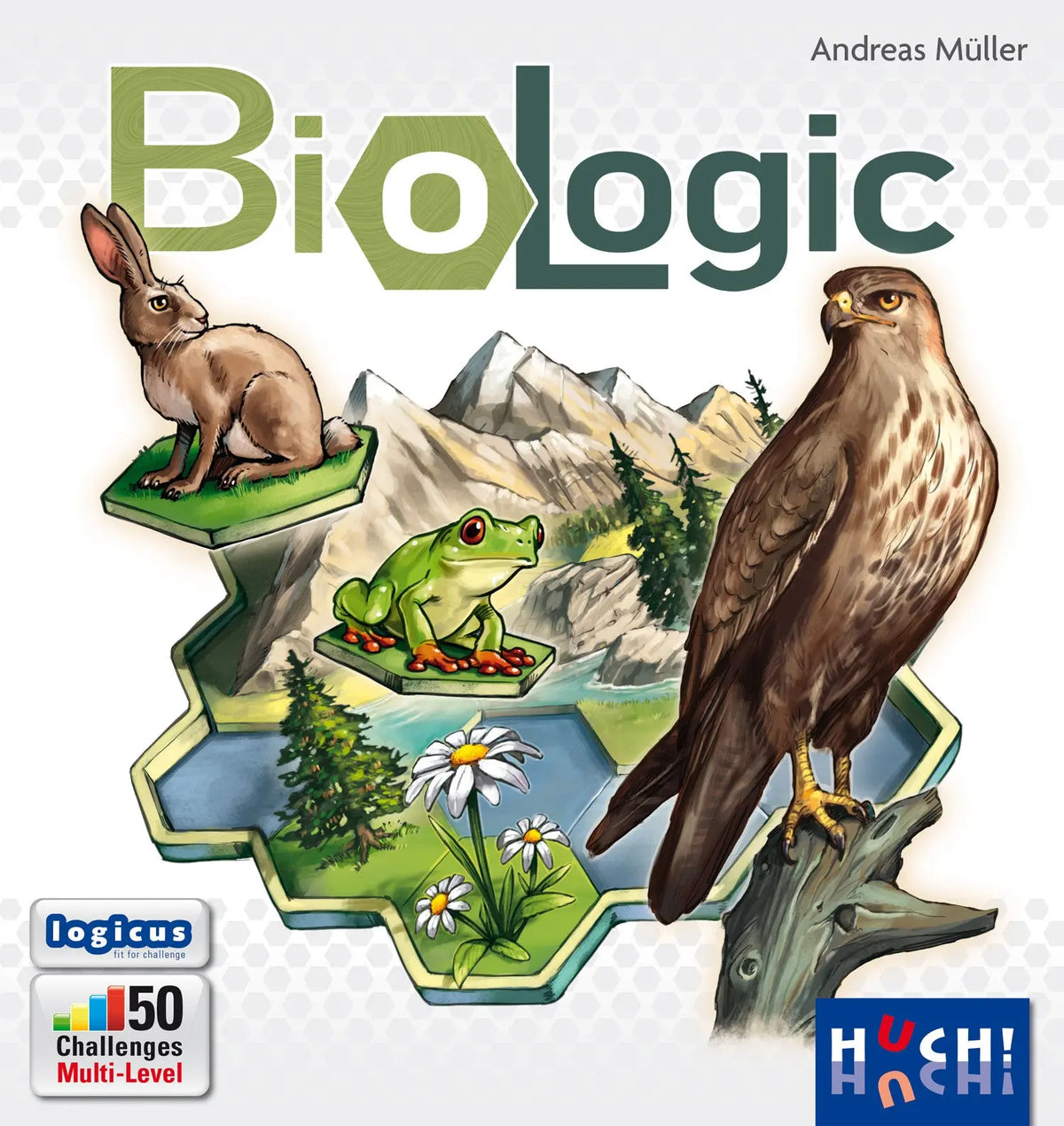 Brettspiel-Box-Front mit BioLogic-Titel und Tierillustrationen