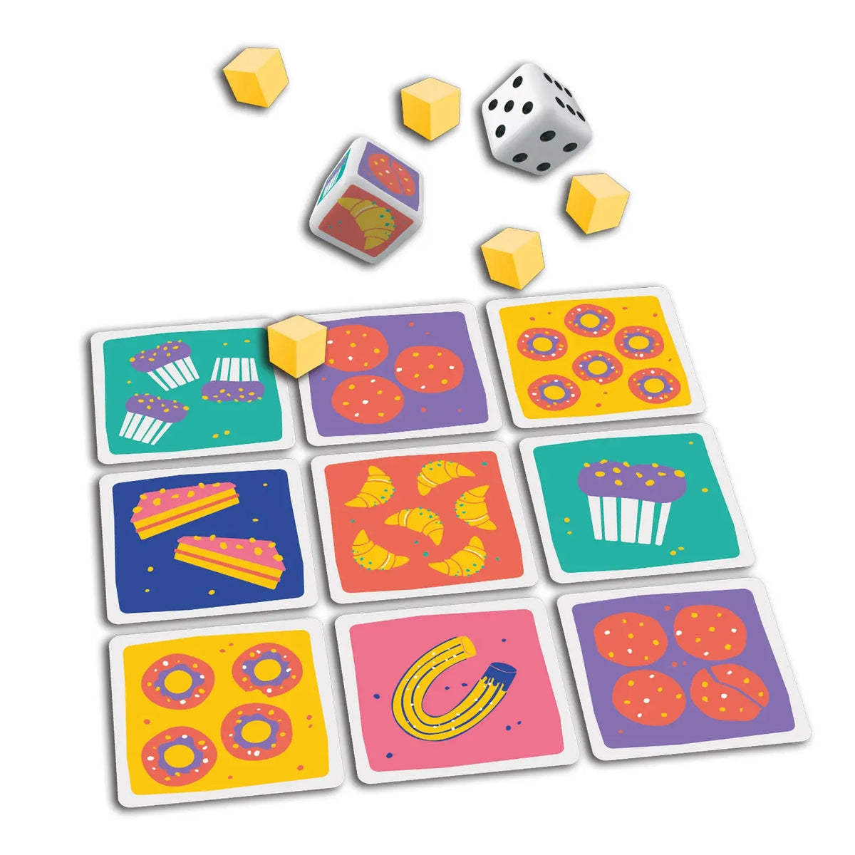 Spielkarten-Set mit farbigen Motiven und Würfel-Elementen
