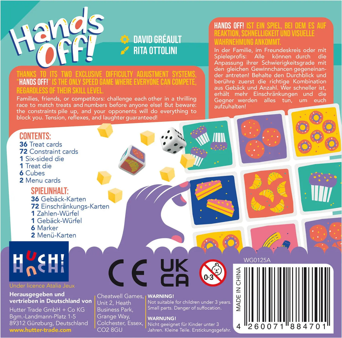 Brettspiel-Box Rückseite „Hände weg!“ mit Regel- und Inhaltsübersicht
