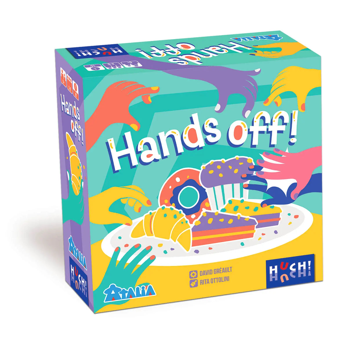 Brettspiel-Box „Hände weg!“ mit Food-Illustrationen und HUCH!-Logo