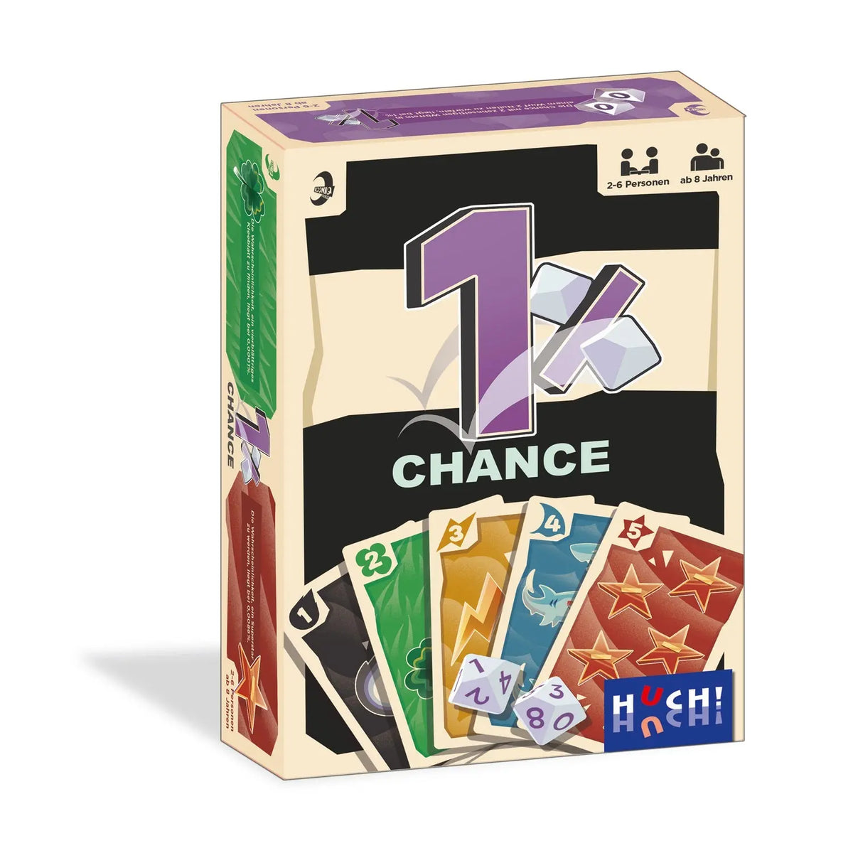 Kartenspiel-Box im 3/4-Ansicht mit „1“-Grafik, „CHANCE“-Schriftzug und Karten