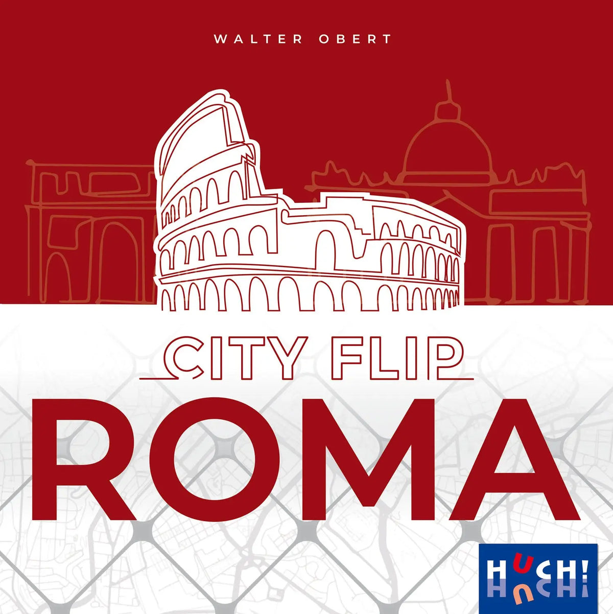 Brettspiel „City Flip: Roma“: Cover mit Kolosseum-Illustration und ROMA-Schrift