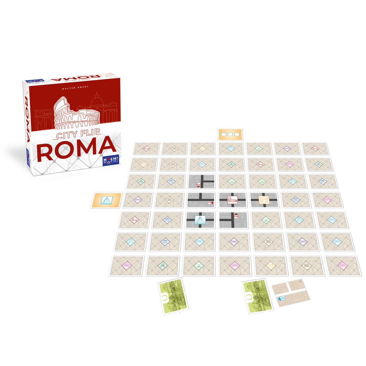 City-Flip-Spiel Rom: Karten und Layoutfeld mit Box im Hintergrund
