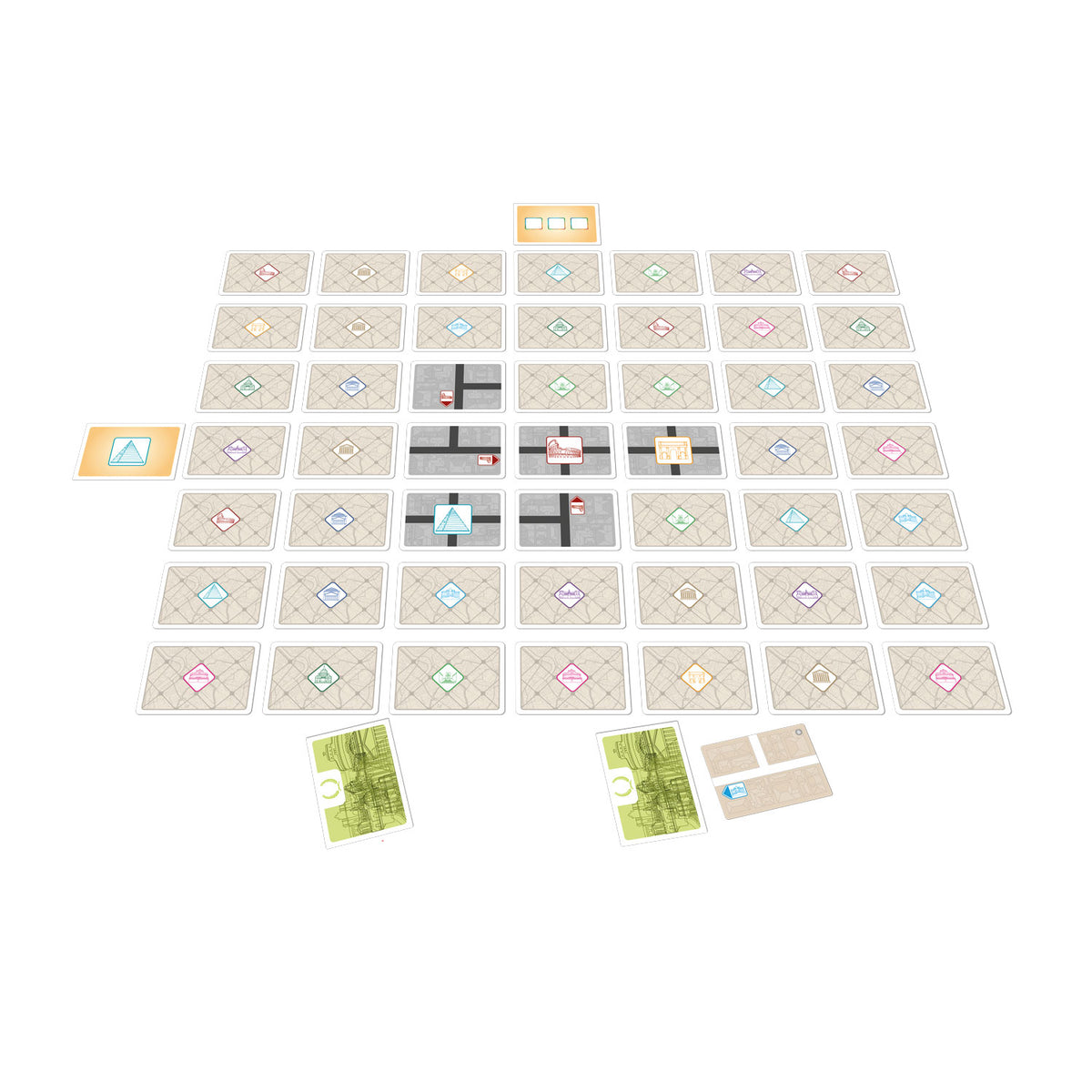 City-Flip-Spiel Rom: Spielkarten-Layout mit farbigen Karten und Raster
