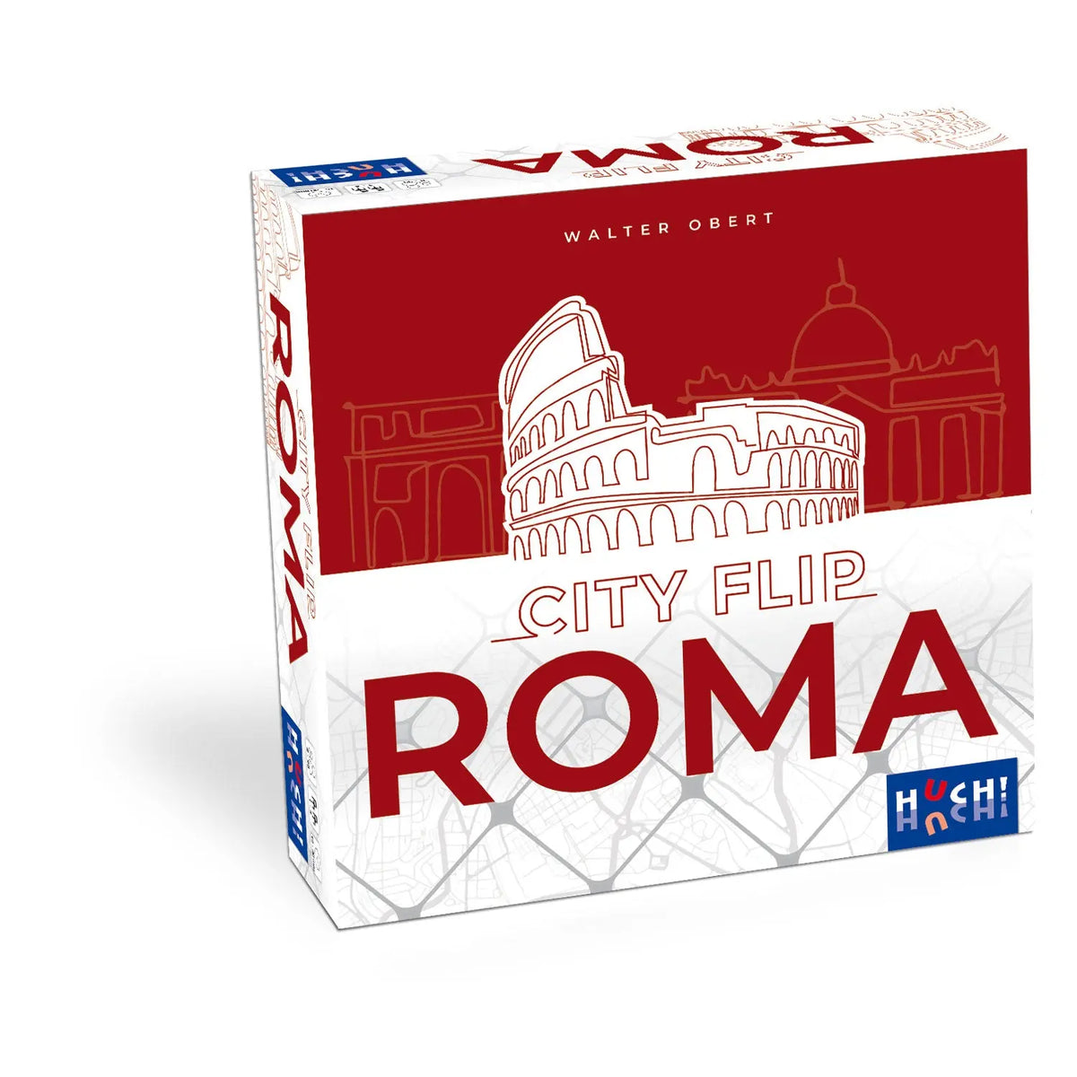 City-Flip-Spiel Rom: Spielbox mit rotem Architekturmotiv und Aufschrift „ROMA“