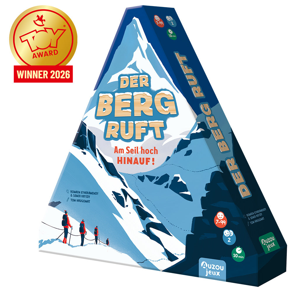 Dreieckiger Spielkarton mit Berg-Spielbrett und Figuren-Set im Innenbereich