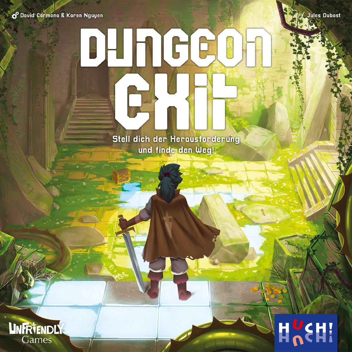 Dungeon Exit Brettspielbox, Frontansicht mit Spielfigur und Weg-Illustration